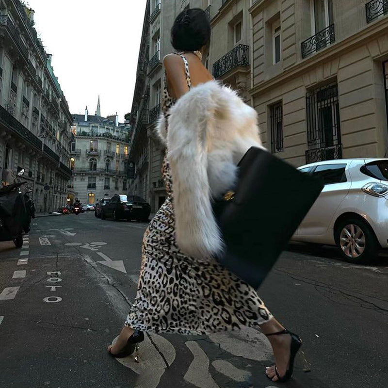 Women's Leopard Satin V-Neck Strap Low Back Sexy Slim Long Dress 5