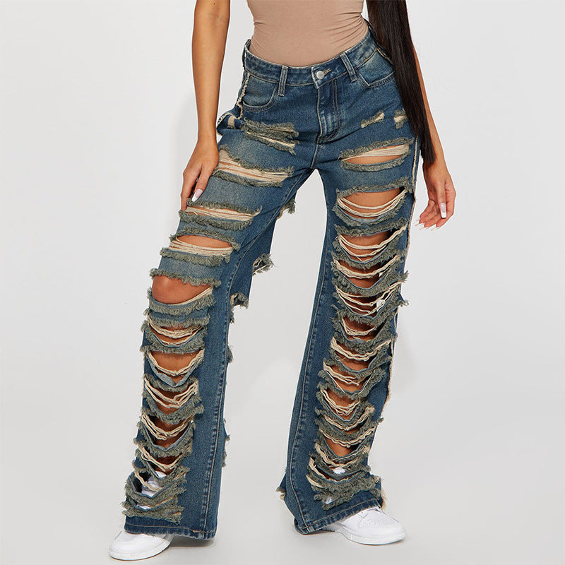 women's loose high-waisted Casual trousers street trendy Ripped Denim pants 4