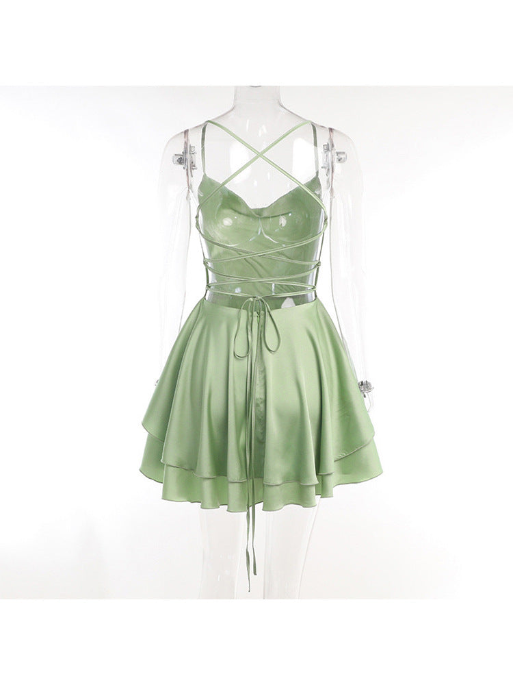 Summer Women's Sexy Strap  Lace-Up Backless Slim Waist Satin Party Dress 6