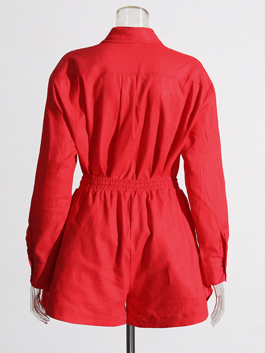 Women Turndown Collar long sleeve solid shirt Top and Casual shorts two-piece set 7