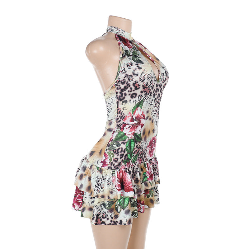 Summer Low Back Halter Neck Printed Hollow Short Dress 7