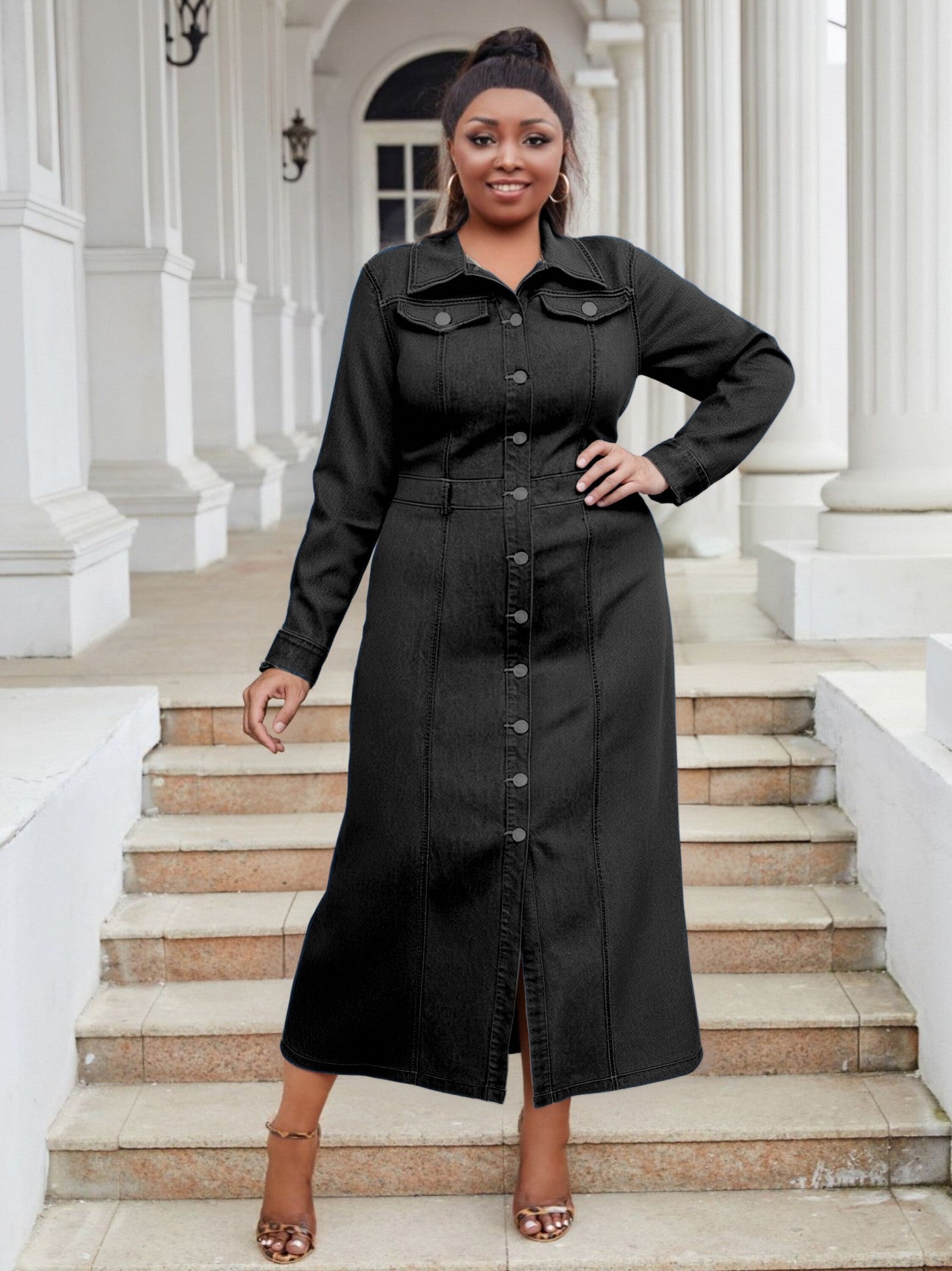 Plus-Size Women Turndown Collar Long-Sleeved Casual Denim Dress 9