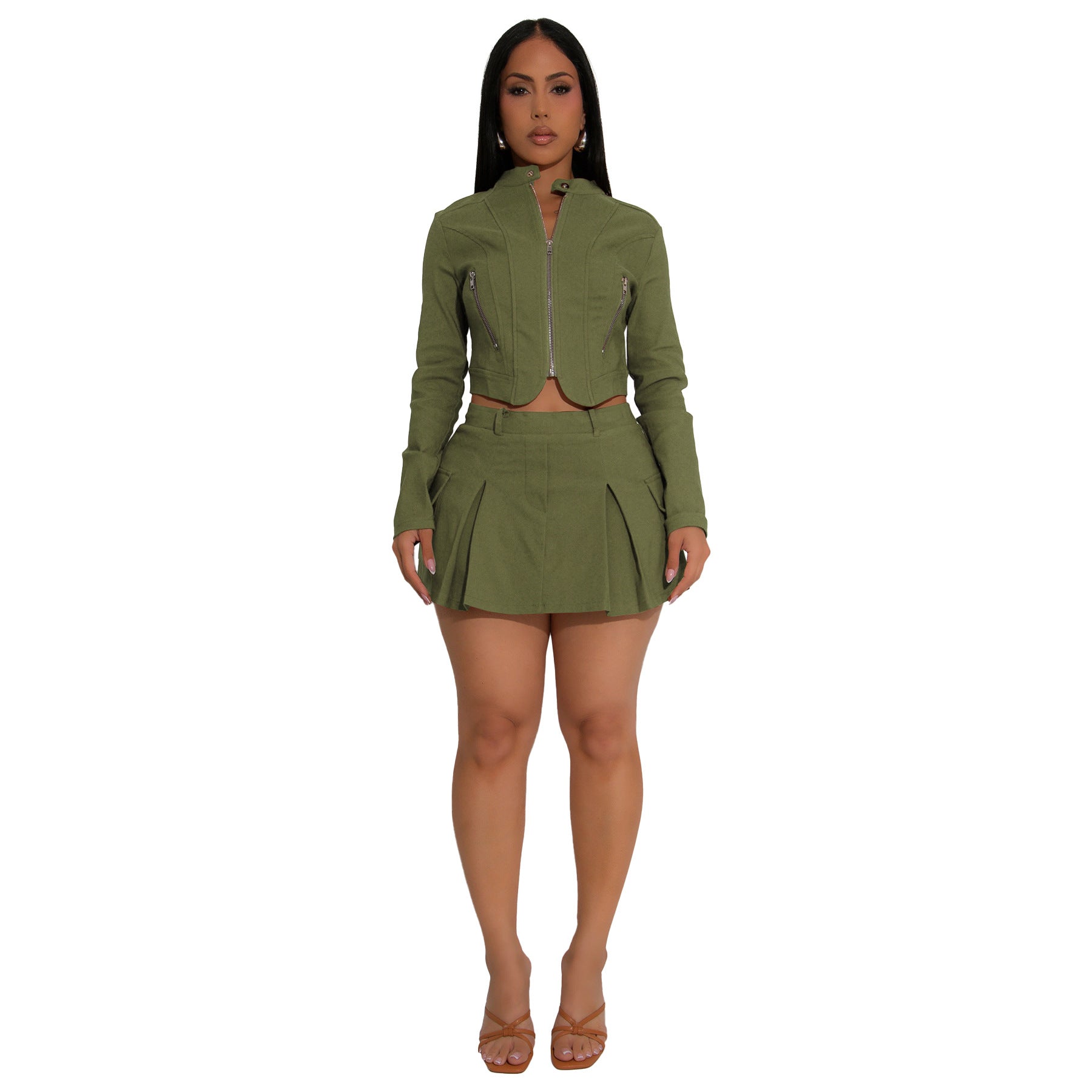 Women's Long Sleeve Zipper Top Sexy Short Skirt Two-Piece Set 8