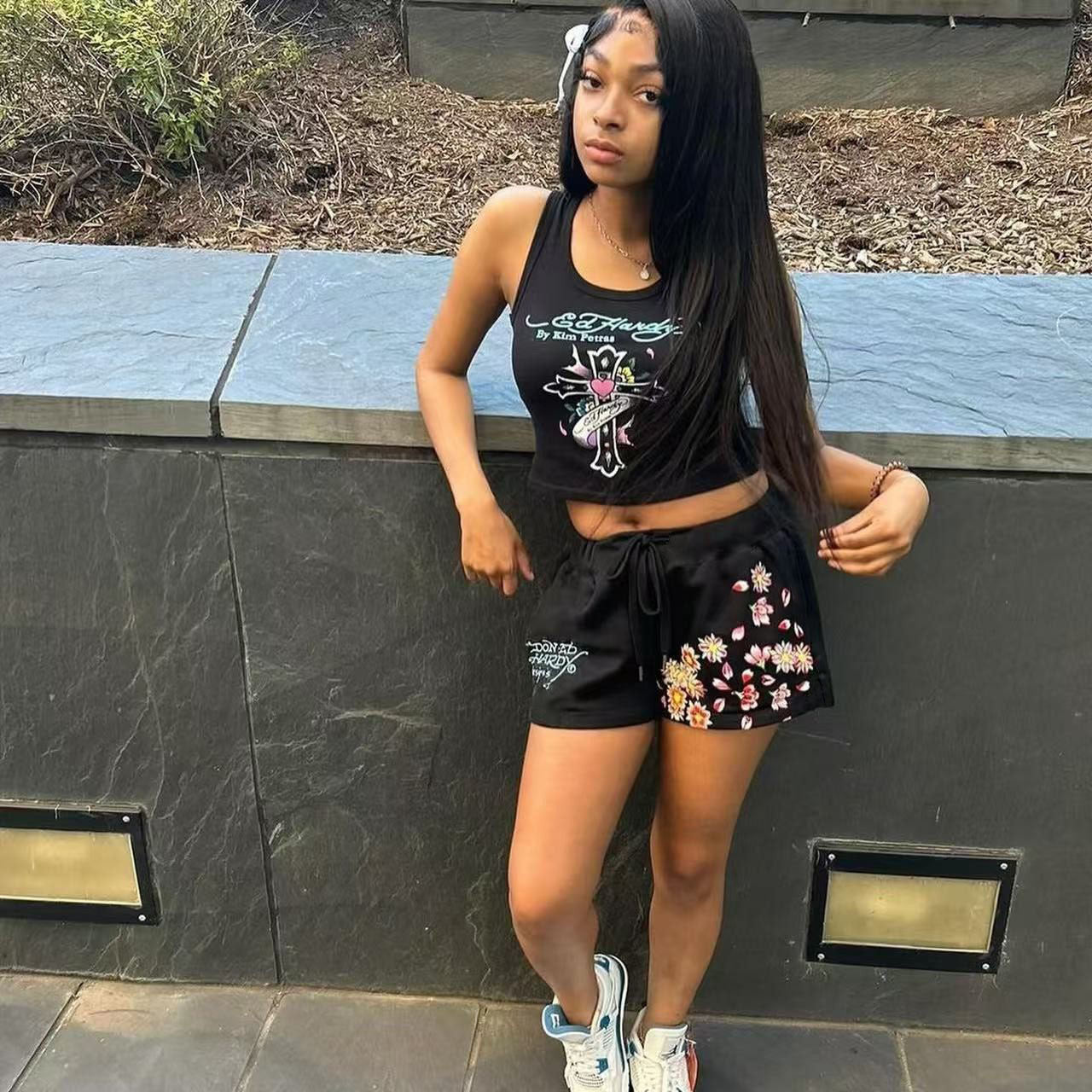 Women Trendy Street Sports Print Top and ShortsTwo Piece Set