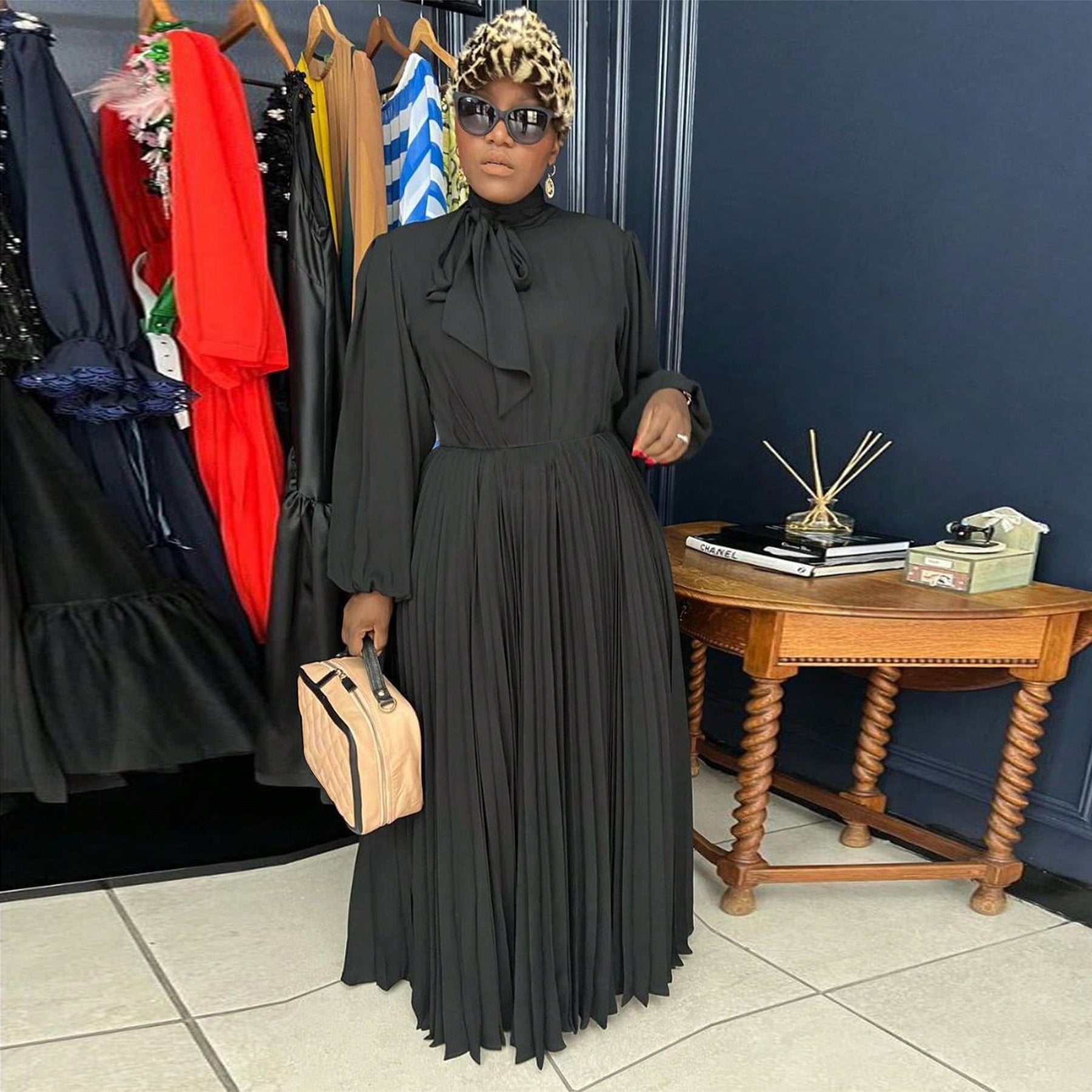 Women Long Sleeve Pleated Black Dress 3