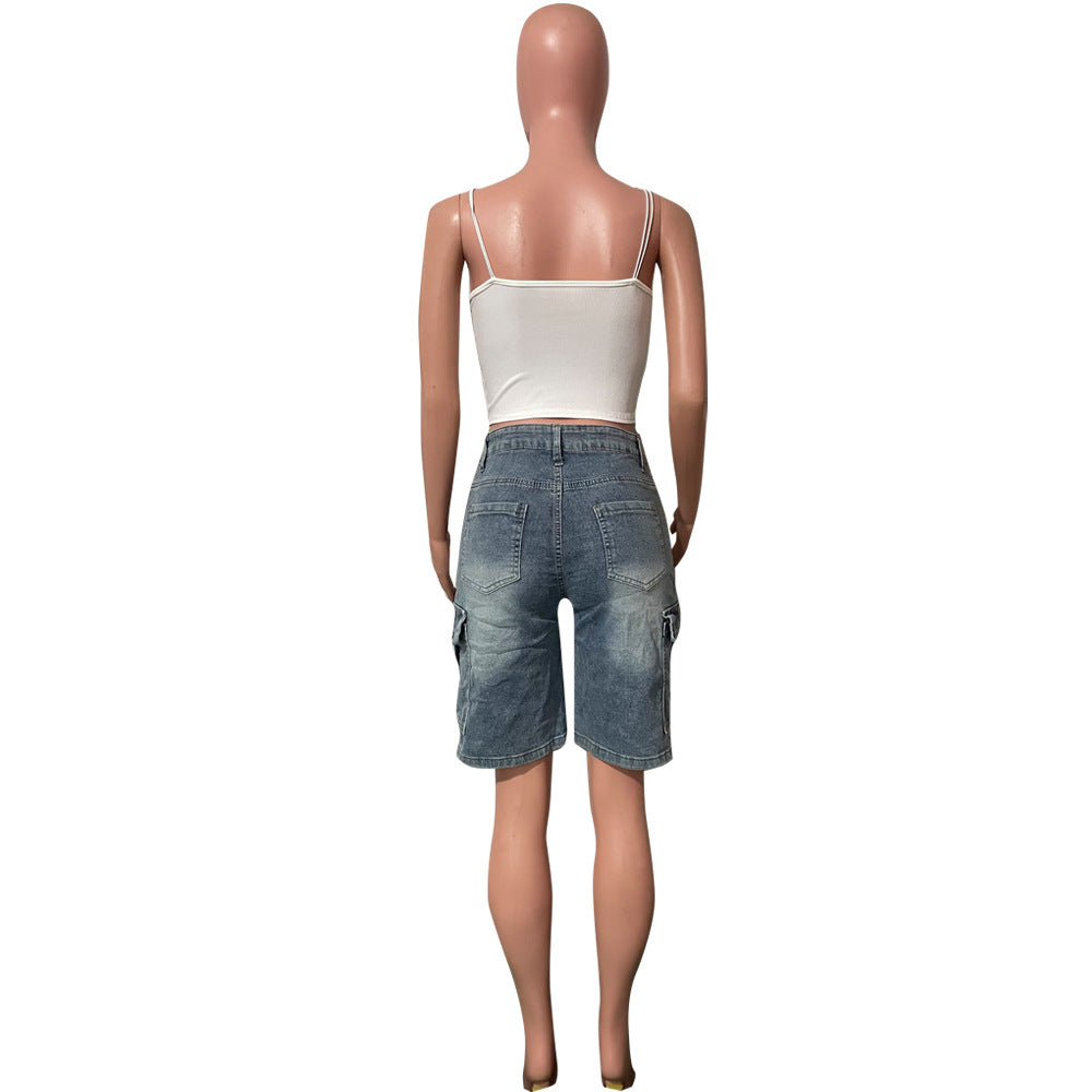 Women Trend Knee-Length Stretchy Denim Cargo Shorts 5