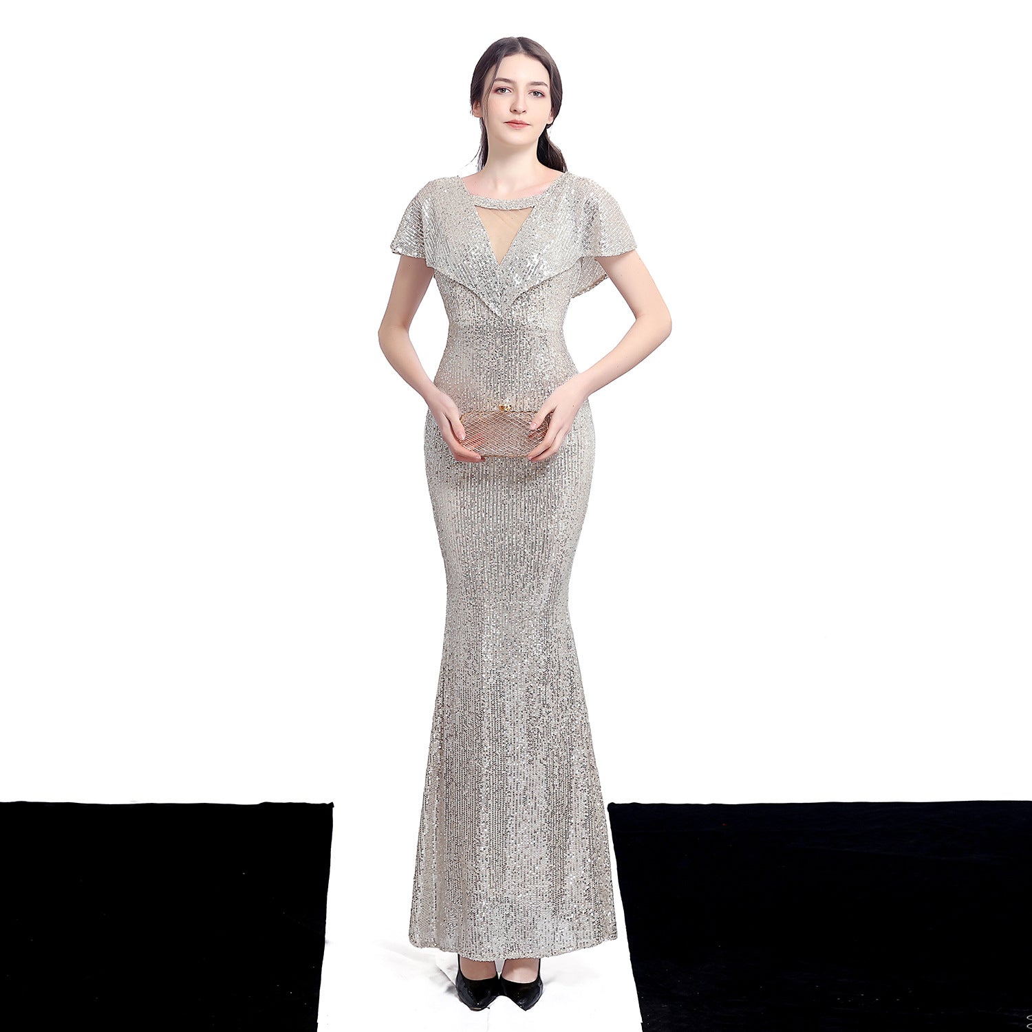 Women Short Sleeve Sequined Formal Party Elegant Mermaid Skirt Maxi Evening Dress 12