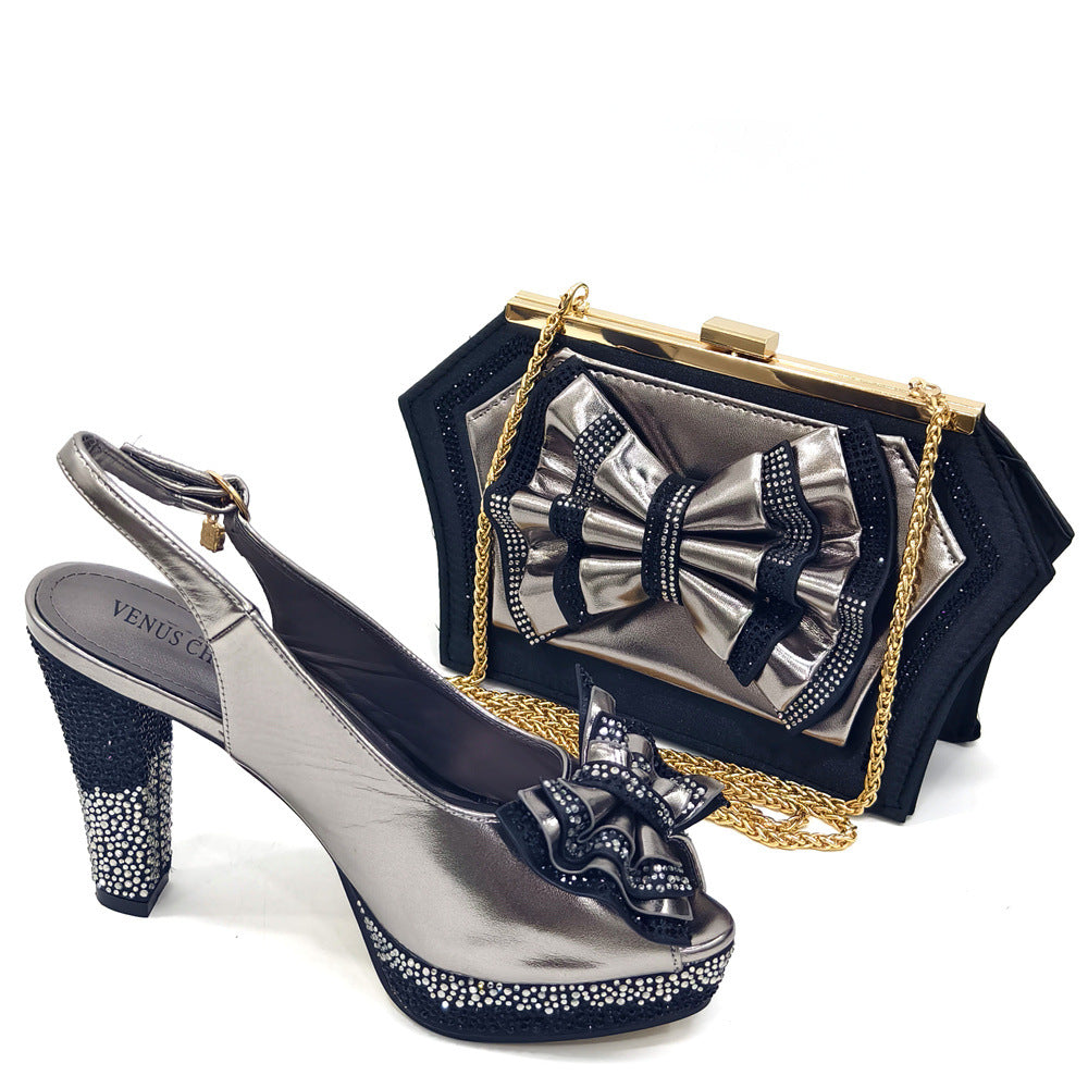 Shoe And Bag Set Combination Peep-Toe Back-Slot High Heels With Bowknot Bag 7