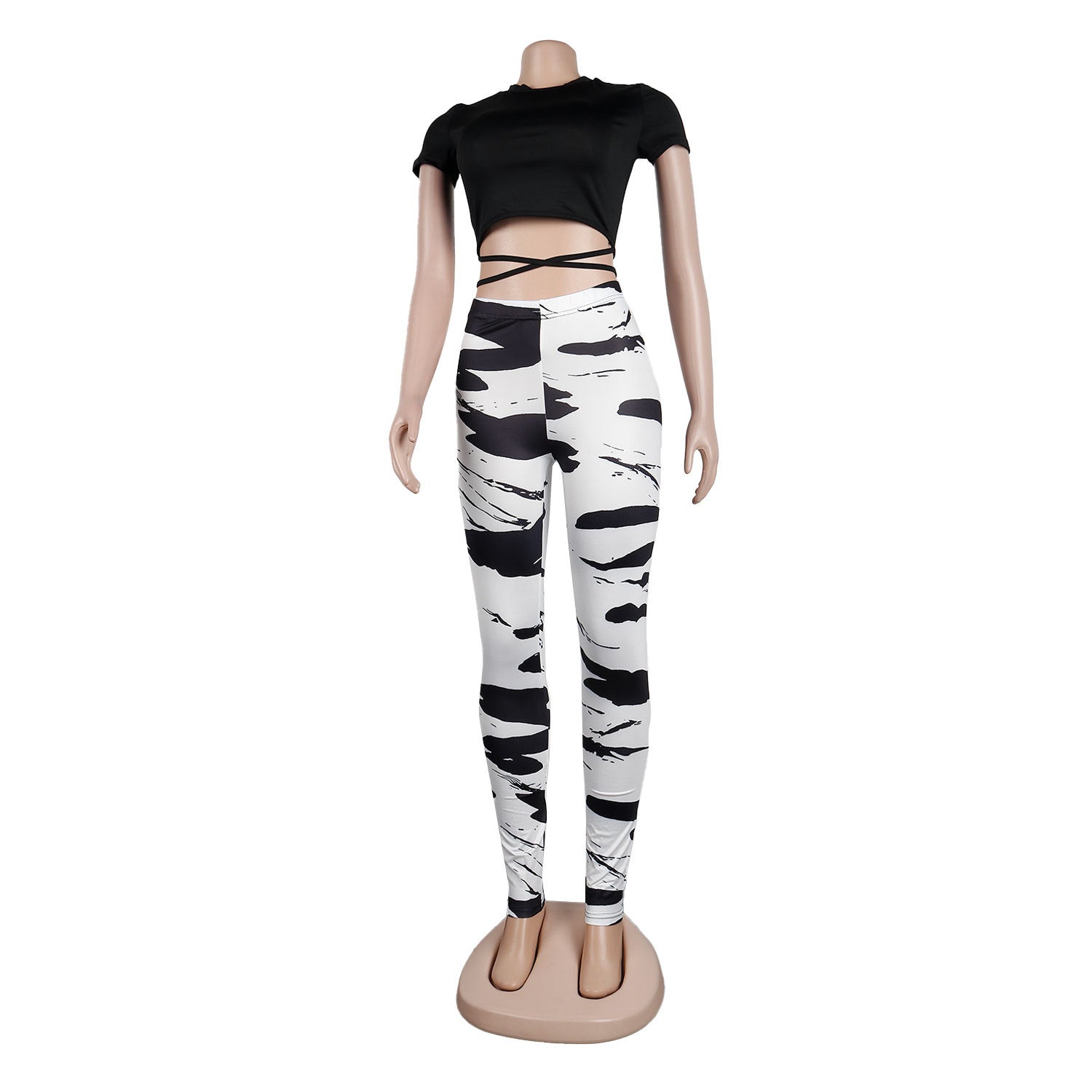 Women Sexy Short Sleeve Top+ Printed Trousers Two-piece Set 15