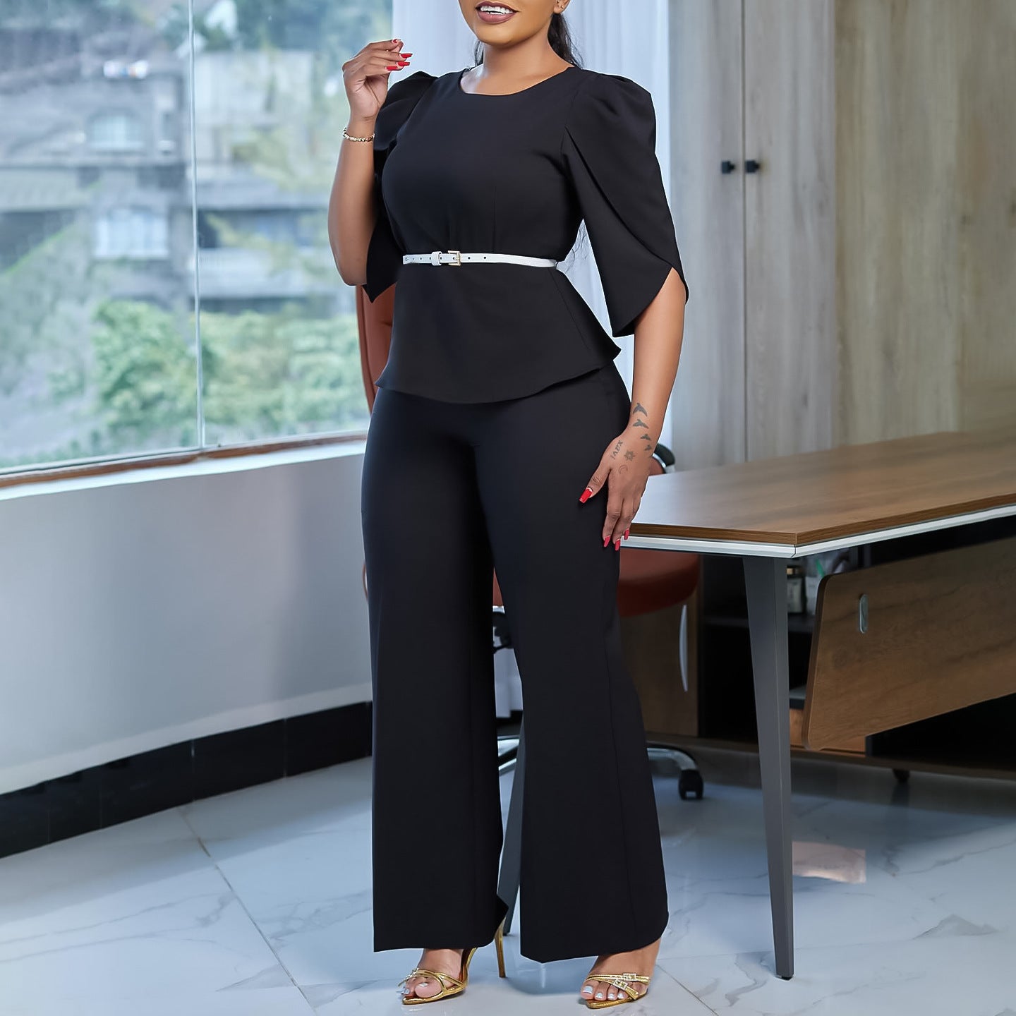 Women Elegant Solid Top and Wide Leg Pants Two-Piece Set 6