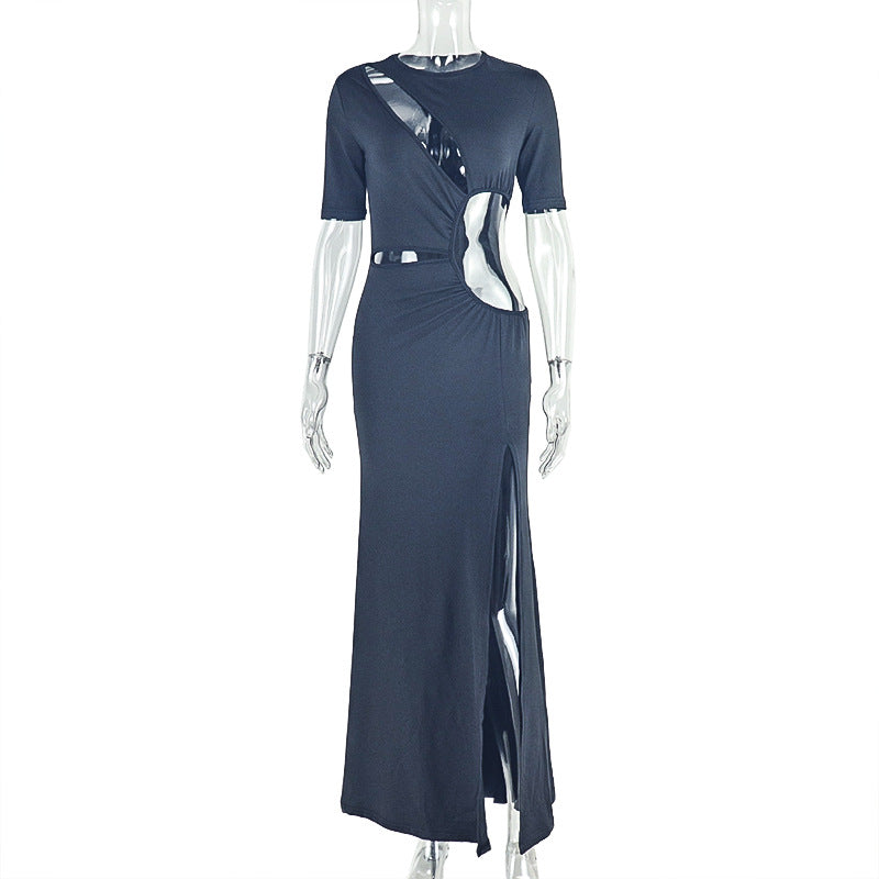 Chic Women's Fashion Cut-Out Slit Irregular Round Neck Solid Color Pleated Dress 10