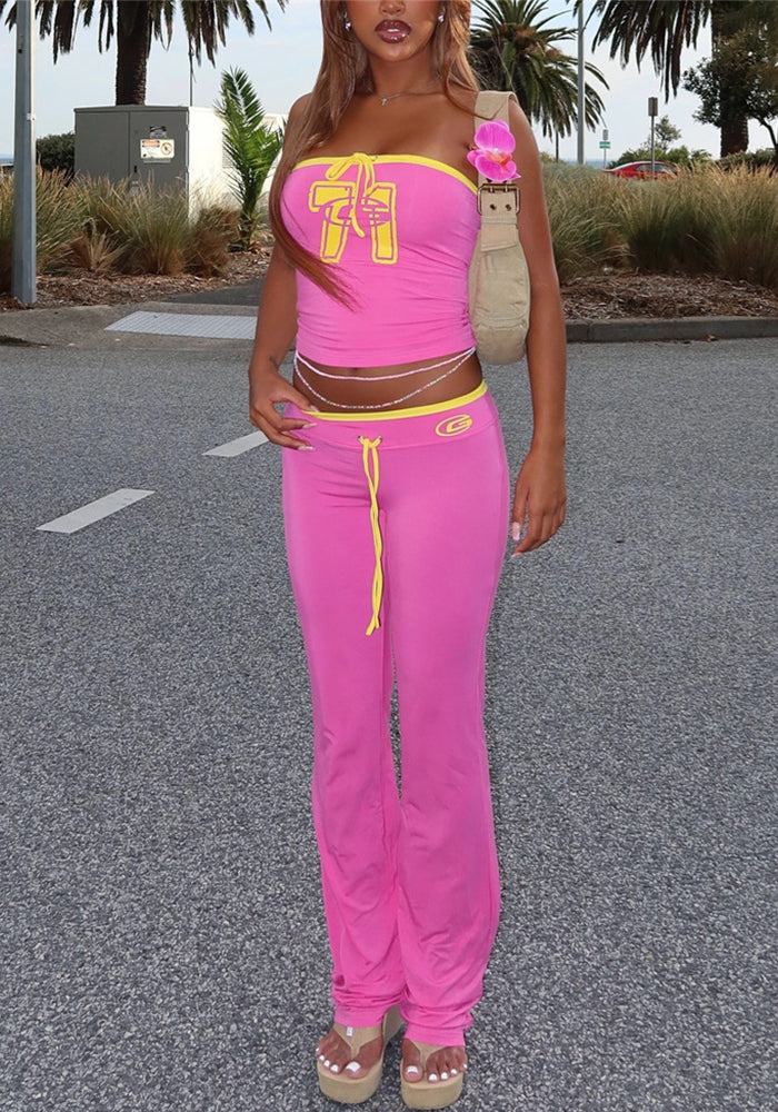 Autumn Fashion Slim Contrast Color Sexy Short Strapless Crop Top Trousers Two Piece Set