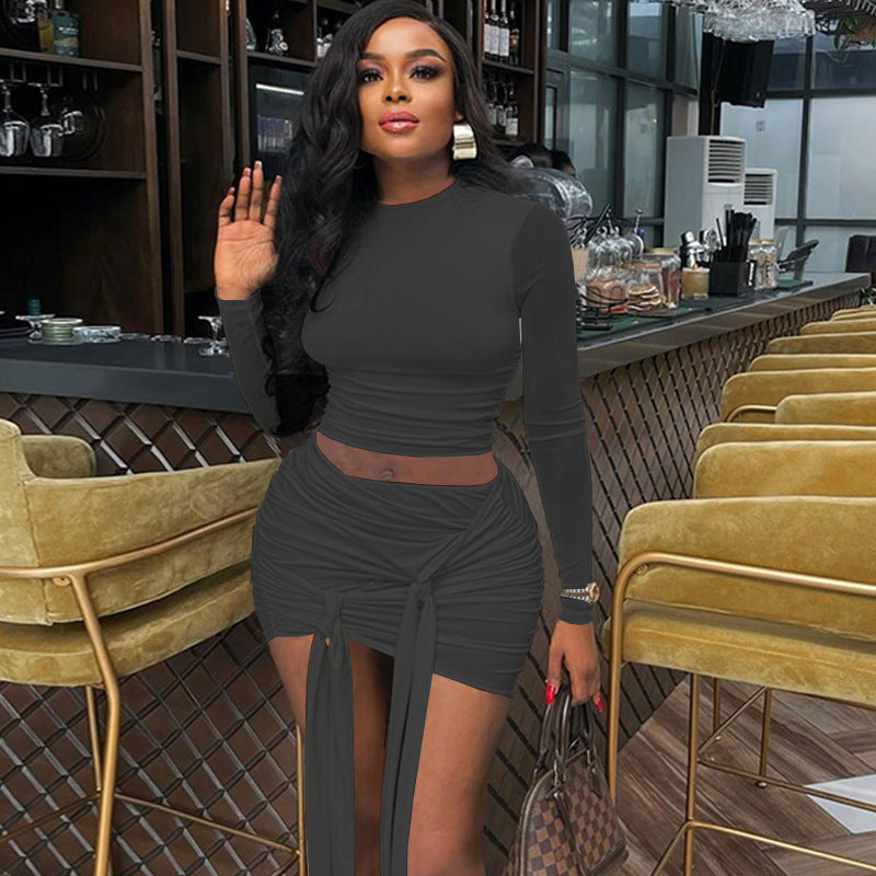 Women's Solid Color Round Neck Mesh Patchwork Crop Top Ribbon Skirt Two Piece Set 4