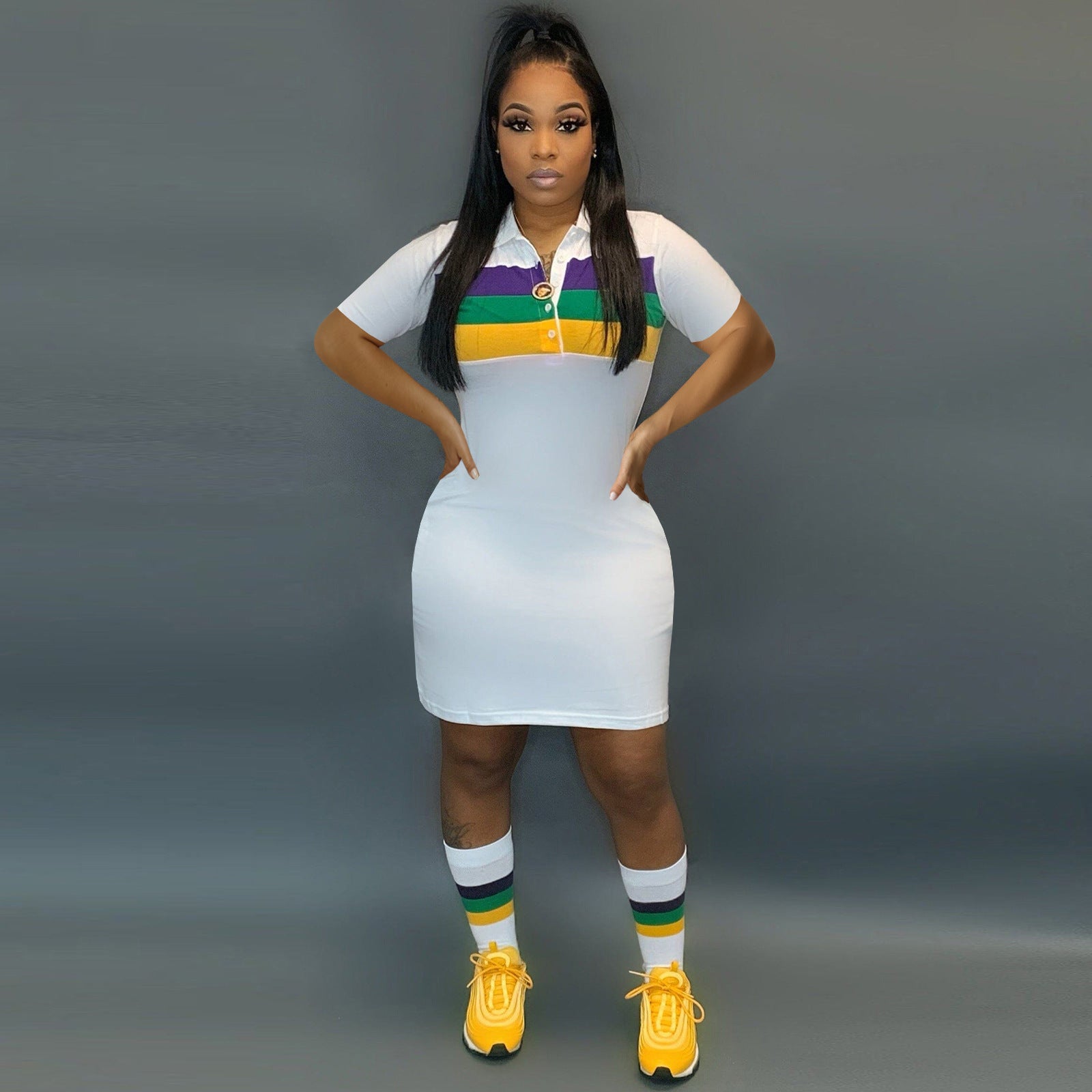 Women Career Printed Shirt Collar Short Sleeve Dress 5