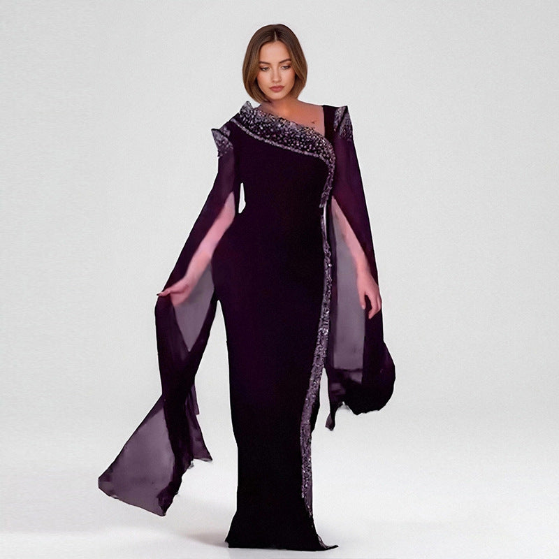 Women Elegant Slash Shoulder Beaded Evening dress 9