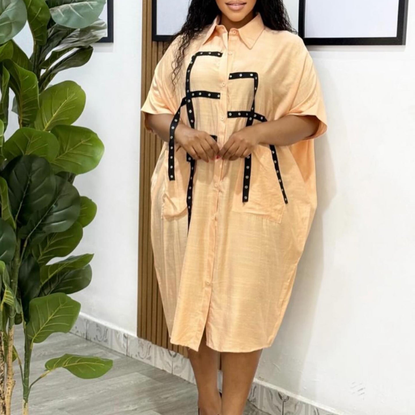 Women Short Sleeve Turndown Collar Shirt Dress 5