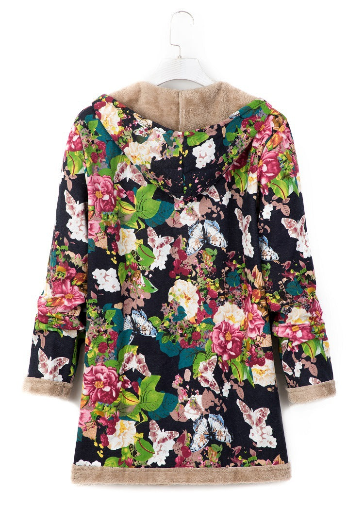 Winter Women's Printed Fleece Hooded Warm Jacket 11