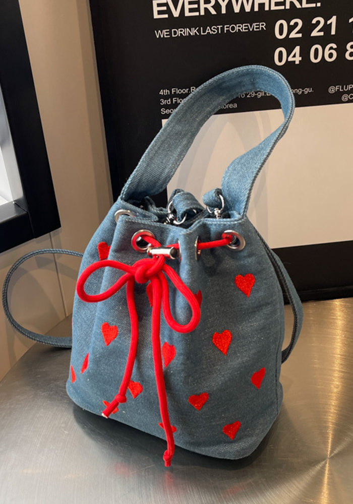 Women embroidery Heart Print drawstring pink handbag single shoulder crossbody bucket bag