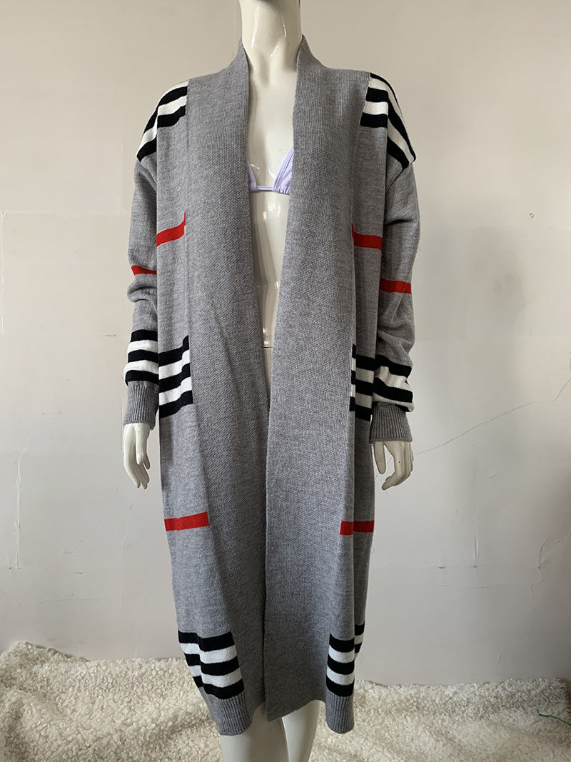 Long Striped Knitting Cardigan Loose Sweater Jacket 8