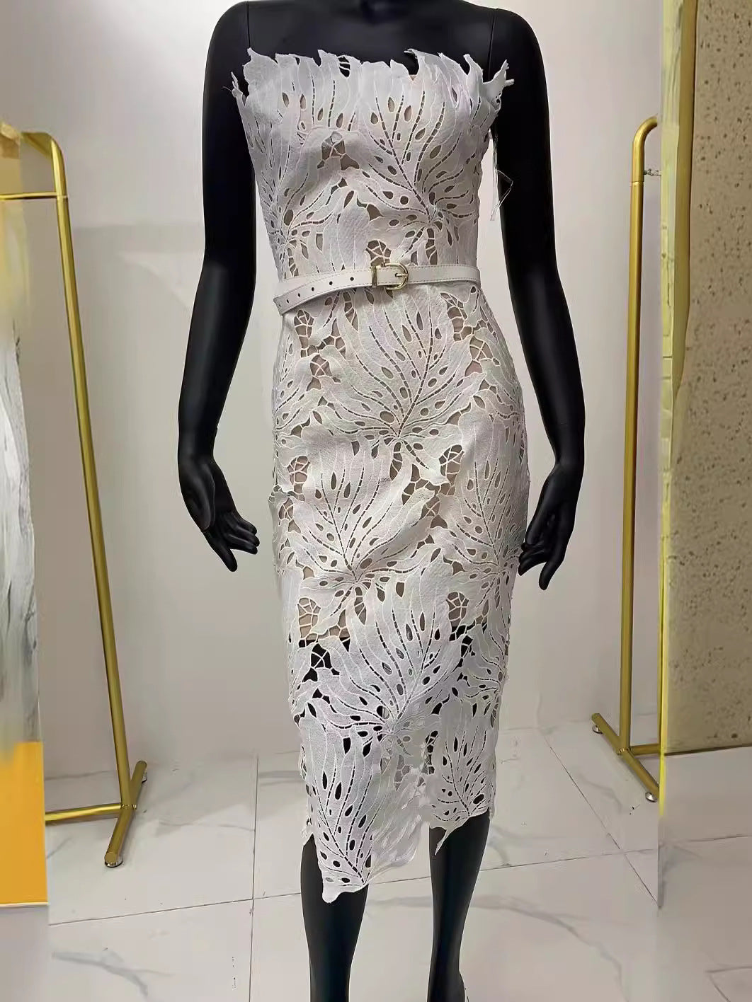 Women knitting sleeveless Strapless Lace white dress 10