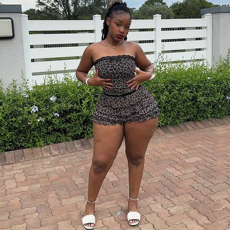 Women Summer Mesh Pleated Patchwork Leopard Printed Wrap Top and Shorts Two Piece Set 3