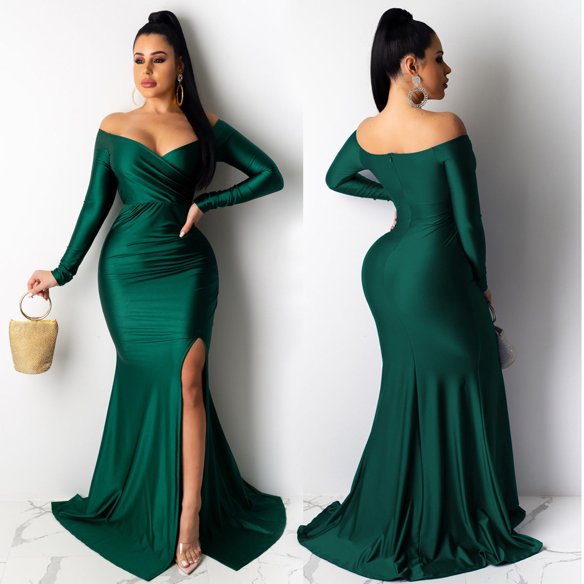 Women Sexy V-Neck Dress Solid Slit Long Sleeve Maxi Dress 3