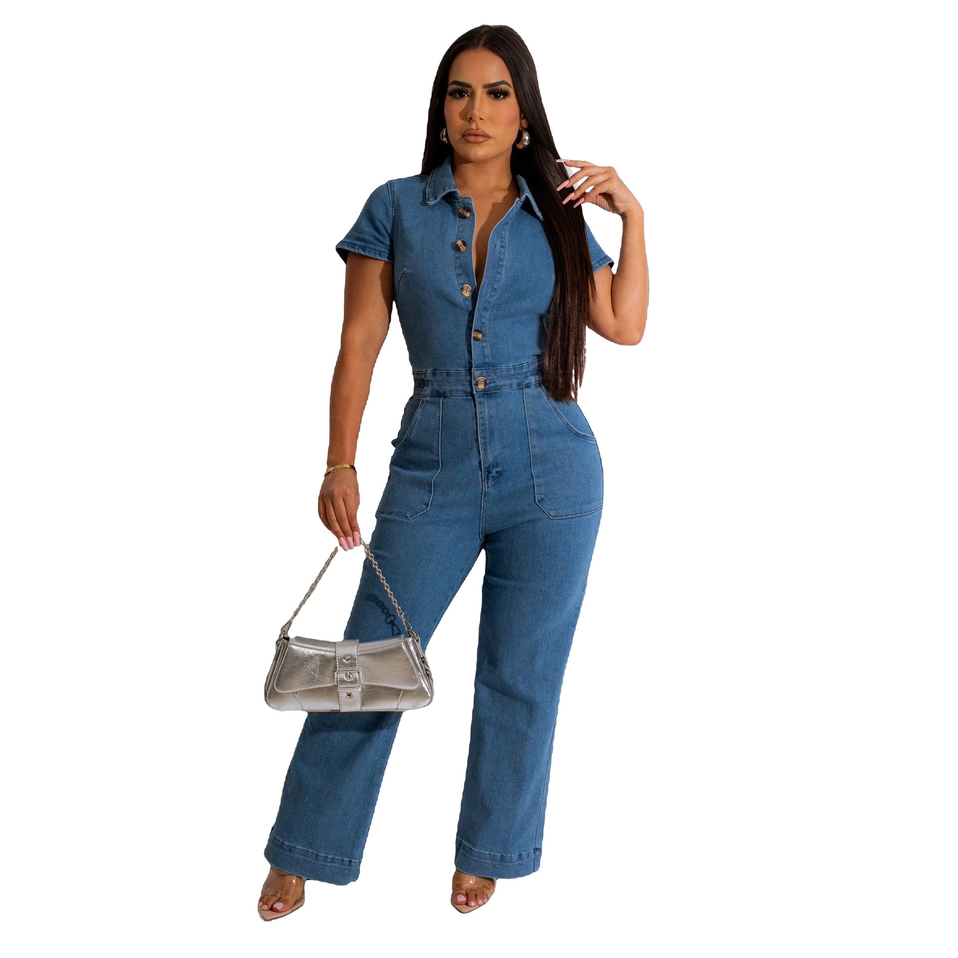 Sexy Fashion Denim Short Sleeve Wide Leg Jumpsuit 5