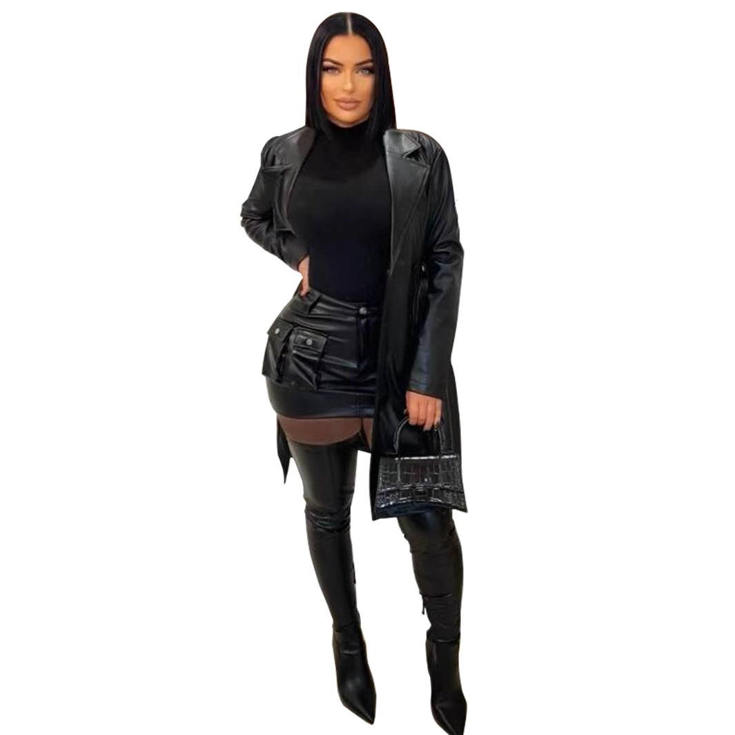 Women Turndown Collar button Pu-Leather jacket 4