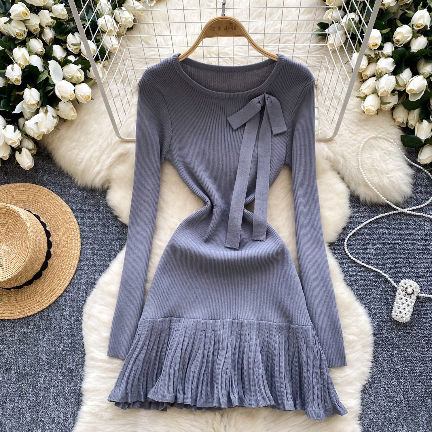 Women French knitting dress with bow and ruffles 6
