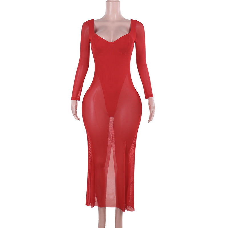 Women Fall Sexy Plunging Mesh Long-Sleeved Maxi Dress 9