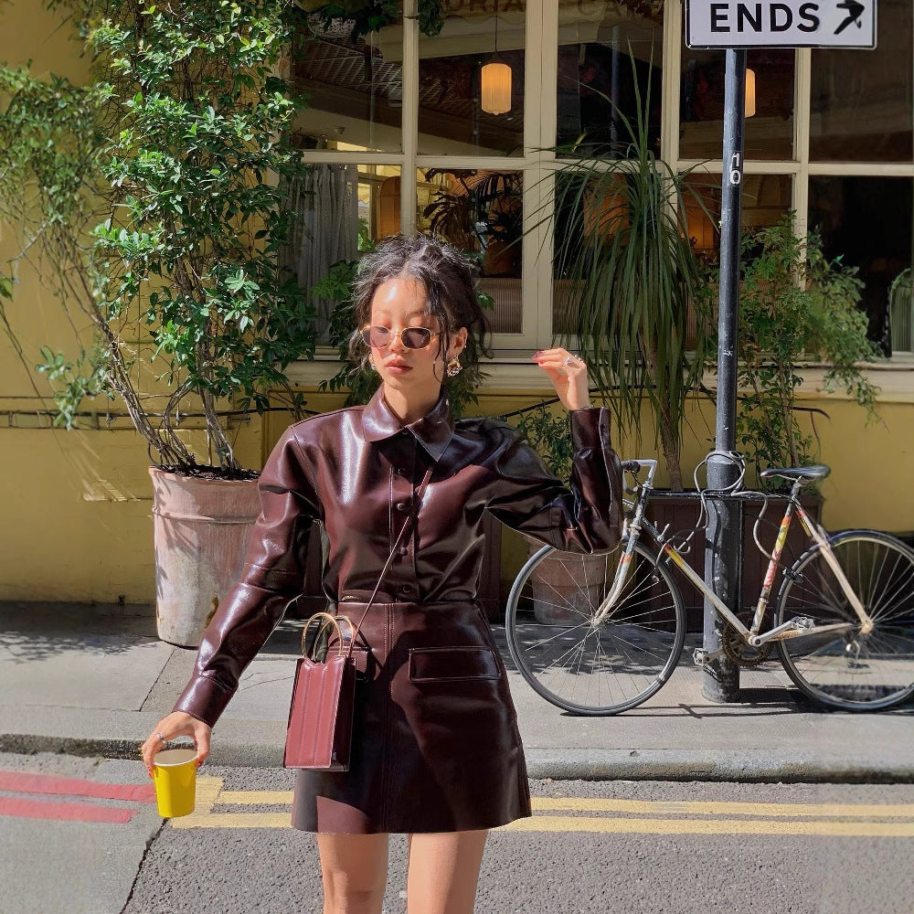 Women's Turndown Collar Button Pu Jacket Mini Skirt Two-Piece Set 5