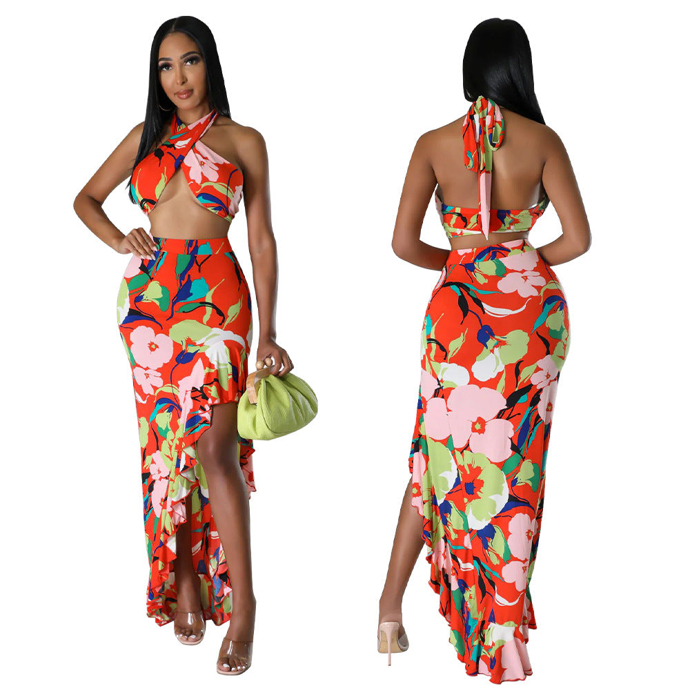 Women Summer Top and Ruffled Slit Skirt Two-piece Set 3