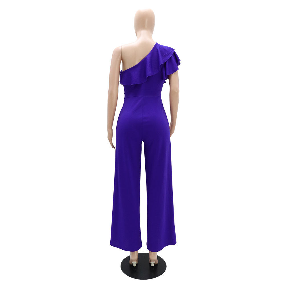 Ruffle One Shoulder High Waist Loose Straight Chic Women's Jumpsuit 15