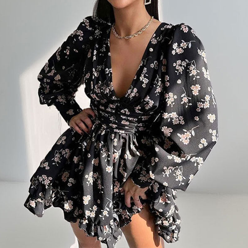 Floral Print Sweet V-neck Puff Sleeve Slim Waist Dress 7