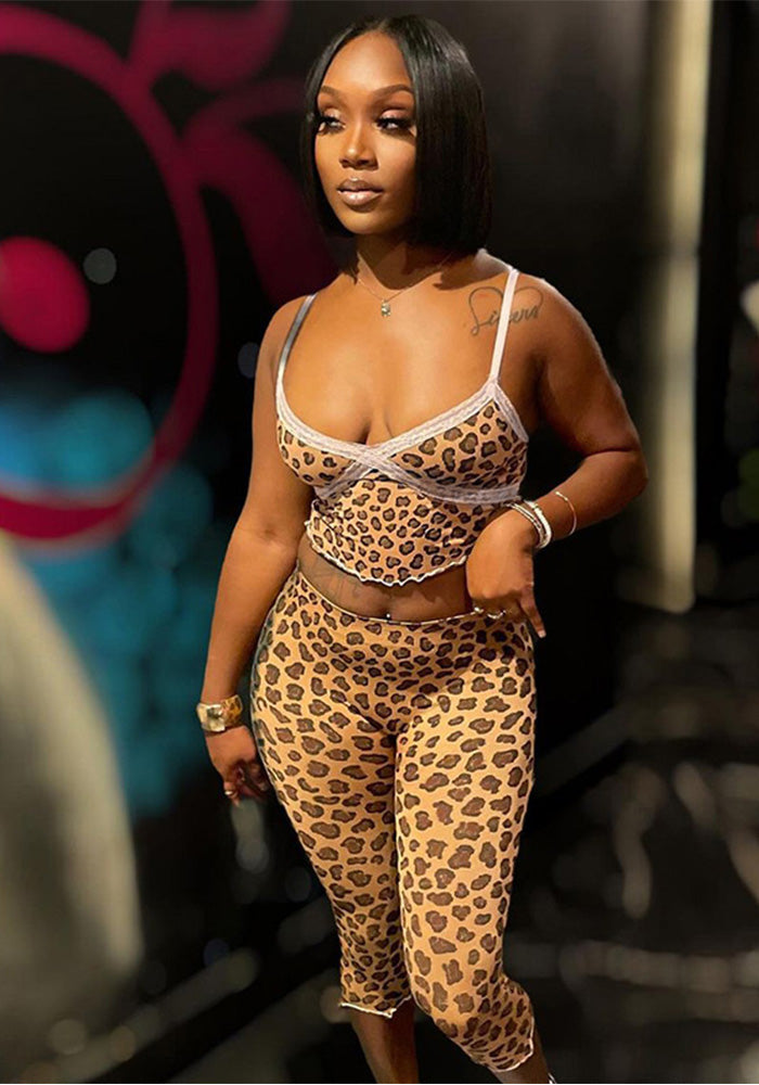 Women Spring and Summer Leopard lace Suspender Wave Edge Top and Knee-Length Shorts Two Piece Set