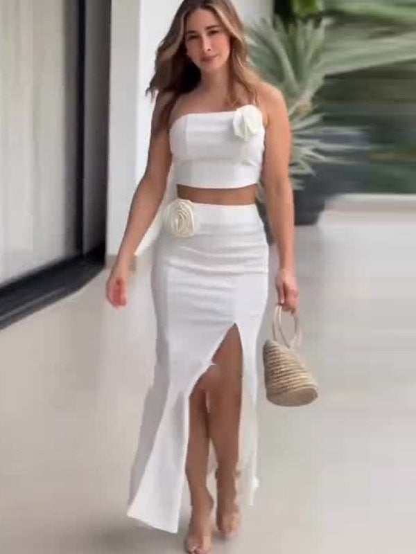 Summer Solid Color Strapless Tops Slit Long Skirts Fashion Two Piece Set 4