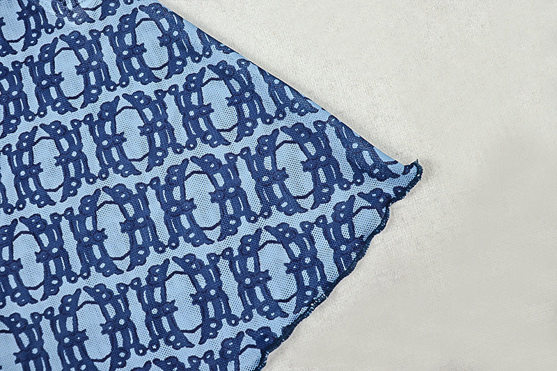 Women's Summer Print Street Round Neck Long Sleeve Slim Waist Sheer A-Line Dress 14