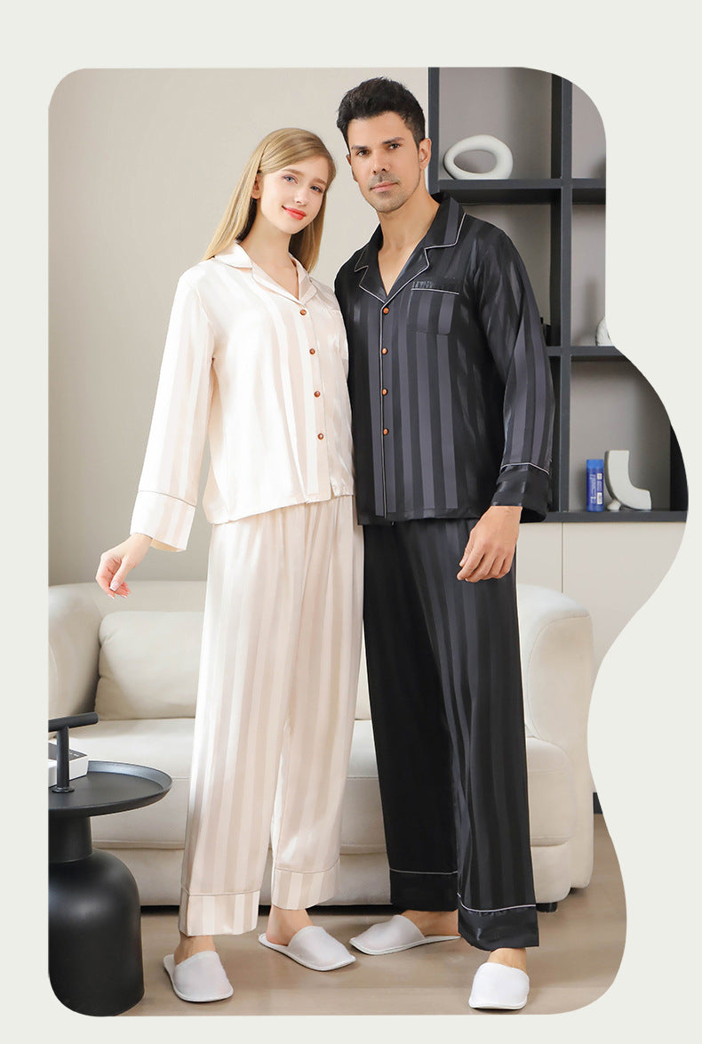 Ice Silk Couple's Pajamas Set Long Sleeve Nightwear for Men & Women 10