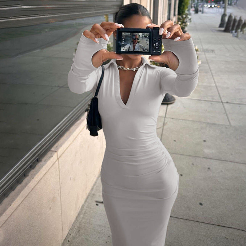 Women's autumn fashion sexy Turndown Collar long sleeve slim midi dress 5