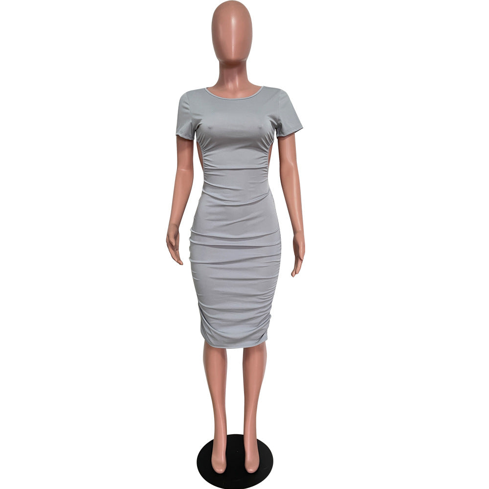 Spring Summer fashionable solid color round neck back hollow midi dress 15