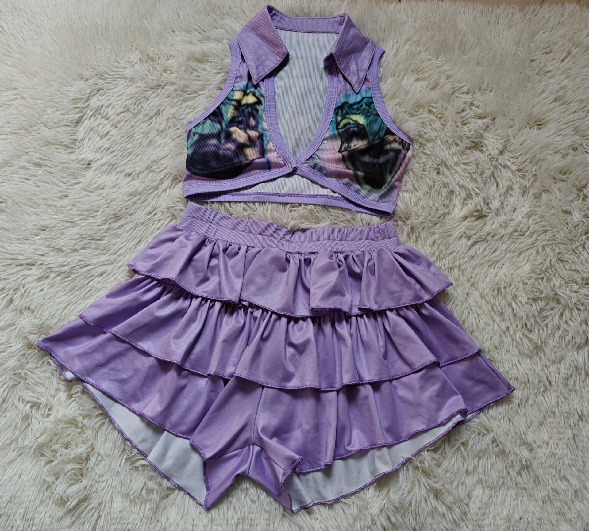 Spring Fashion Women's Sexy Turndown Collar Ribbed Print Top Cake Shorts Set 5