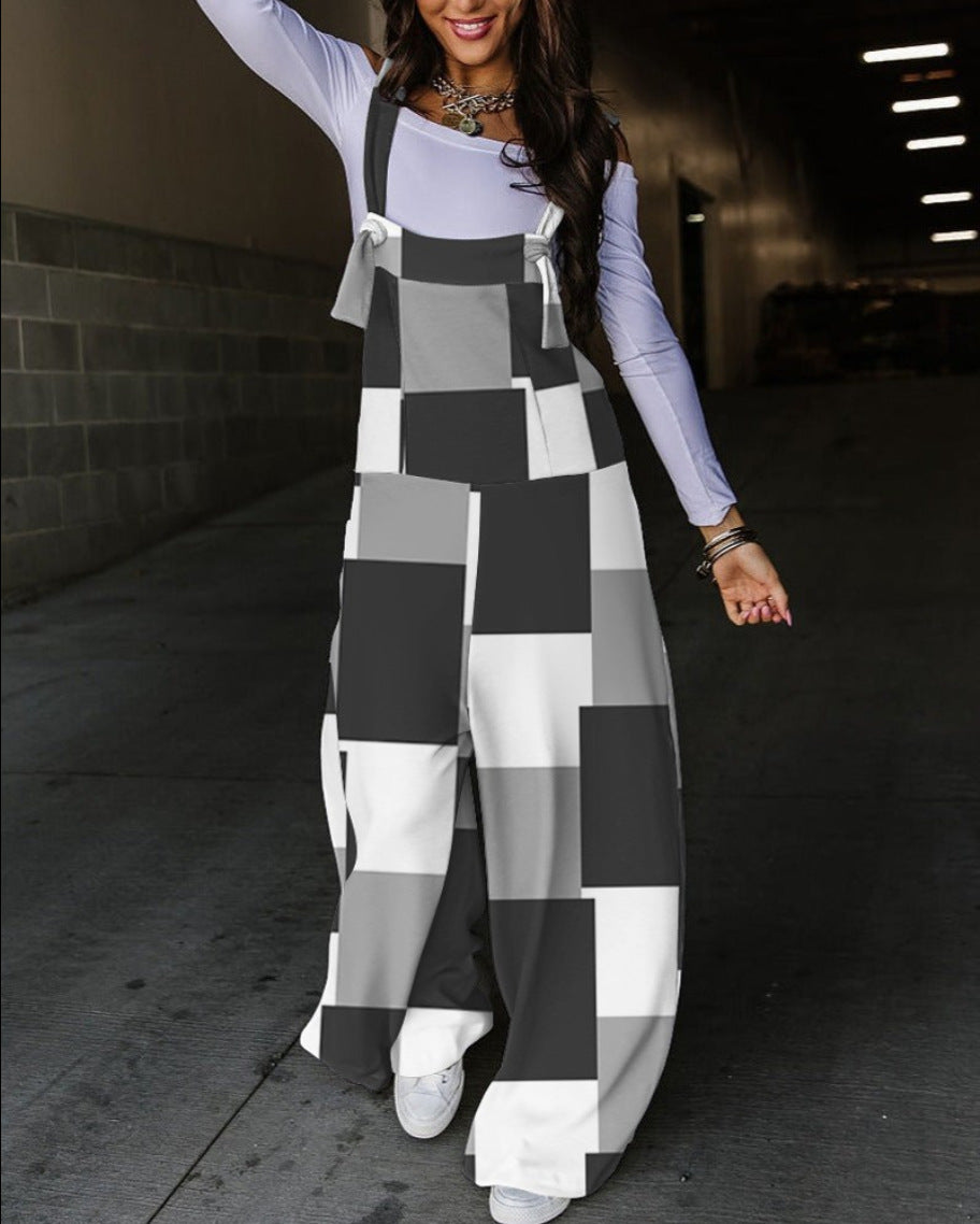 Women Fall Print Lace-Up Overalls 11