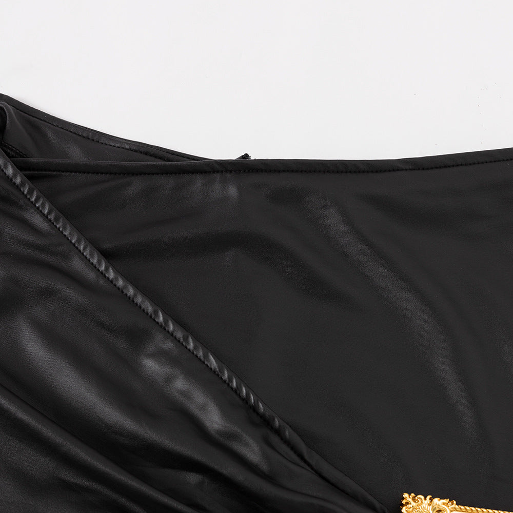 Women sexy irregular gold button pu leather skirt 10