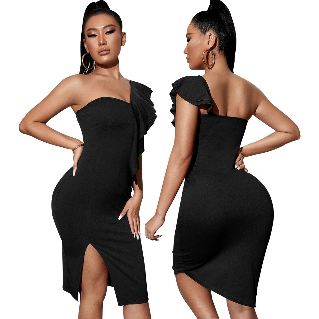 Women Sexy Solid One Shoulder Ruffle Dress 8