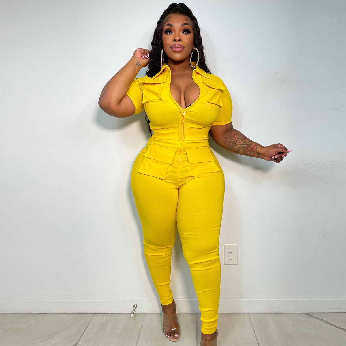Plus size sexy zipper three-dimensional pocket jumpsuit 6
