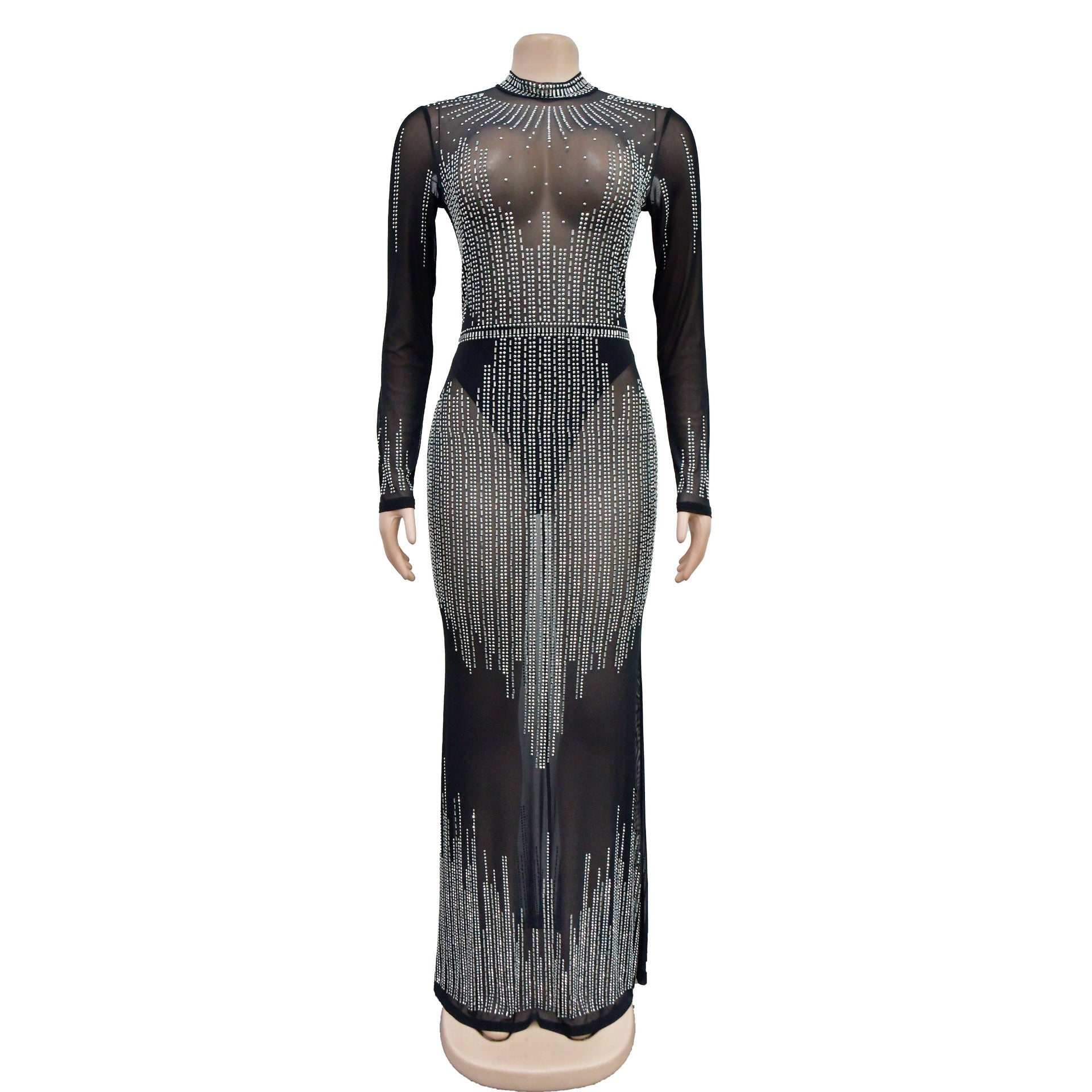 Fashion Women's Solid Color Mesh Beaded Long Sleeve Maxi Dress 9