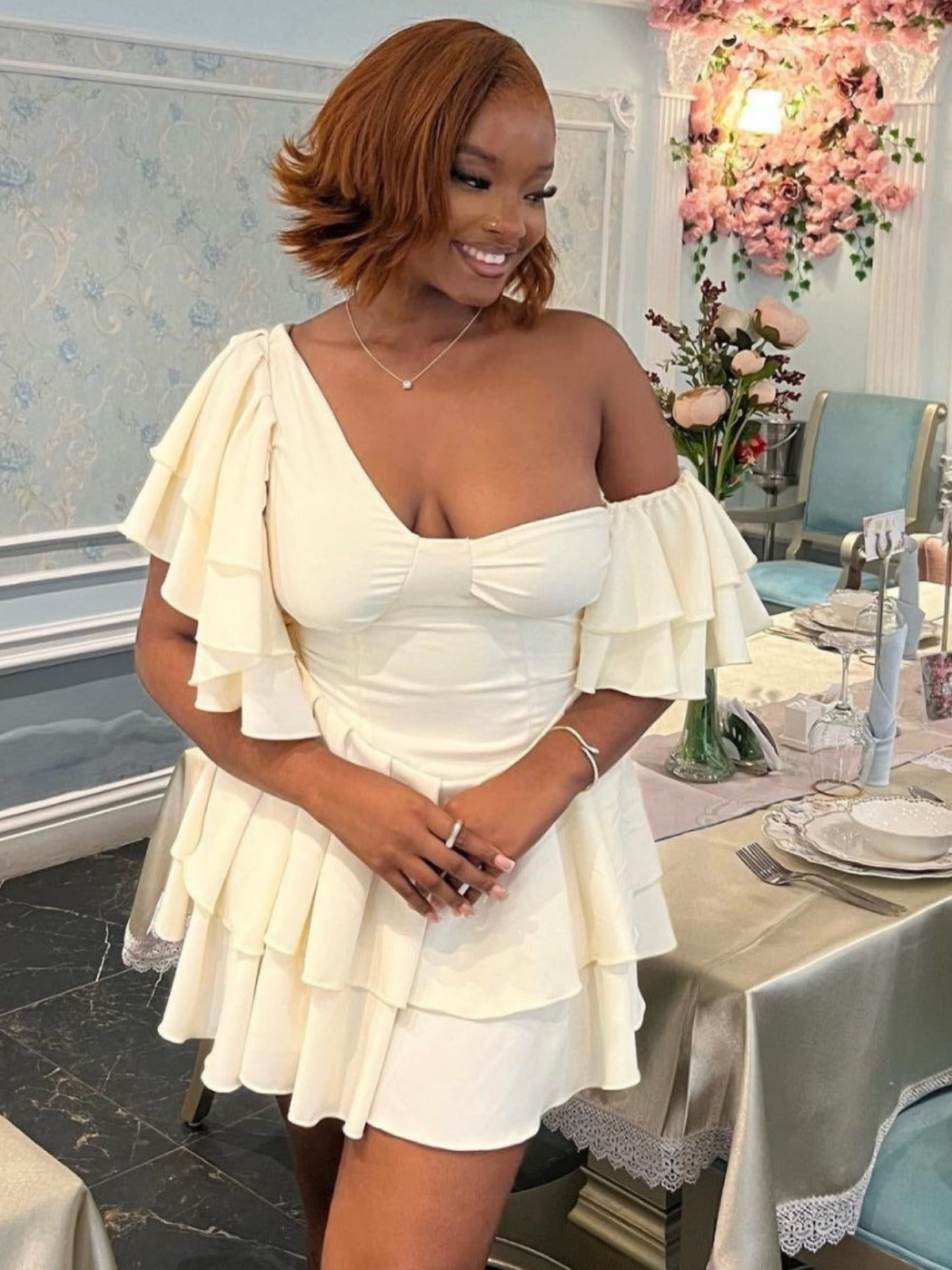 Women Solid Ruffle Sleeve Irregular Slash Shoulder Cascading Ruffles Dress 7