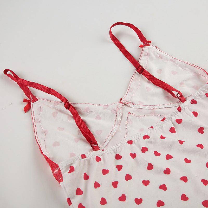 Women Heart Print Lace V-Neck Suspender Top and Shorts Two Piece Set 10