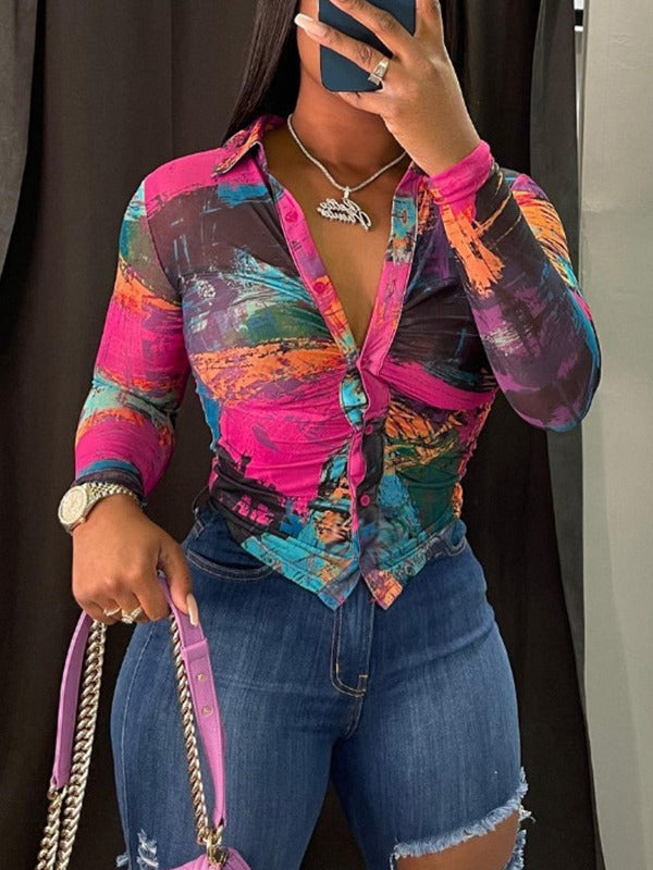 Autumn Fashion Sexy Multi-Color Long Sleeve Button Deep V neck Women shirt Top 5