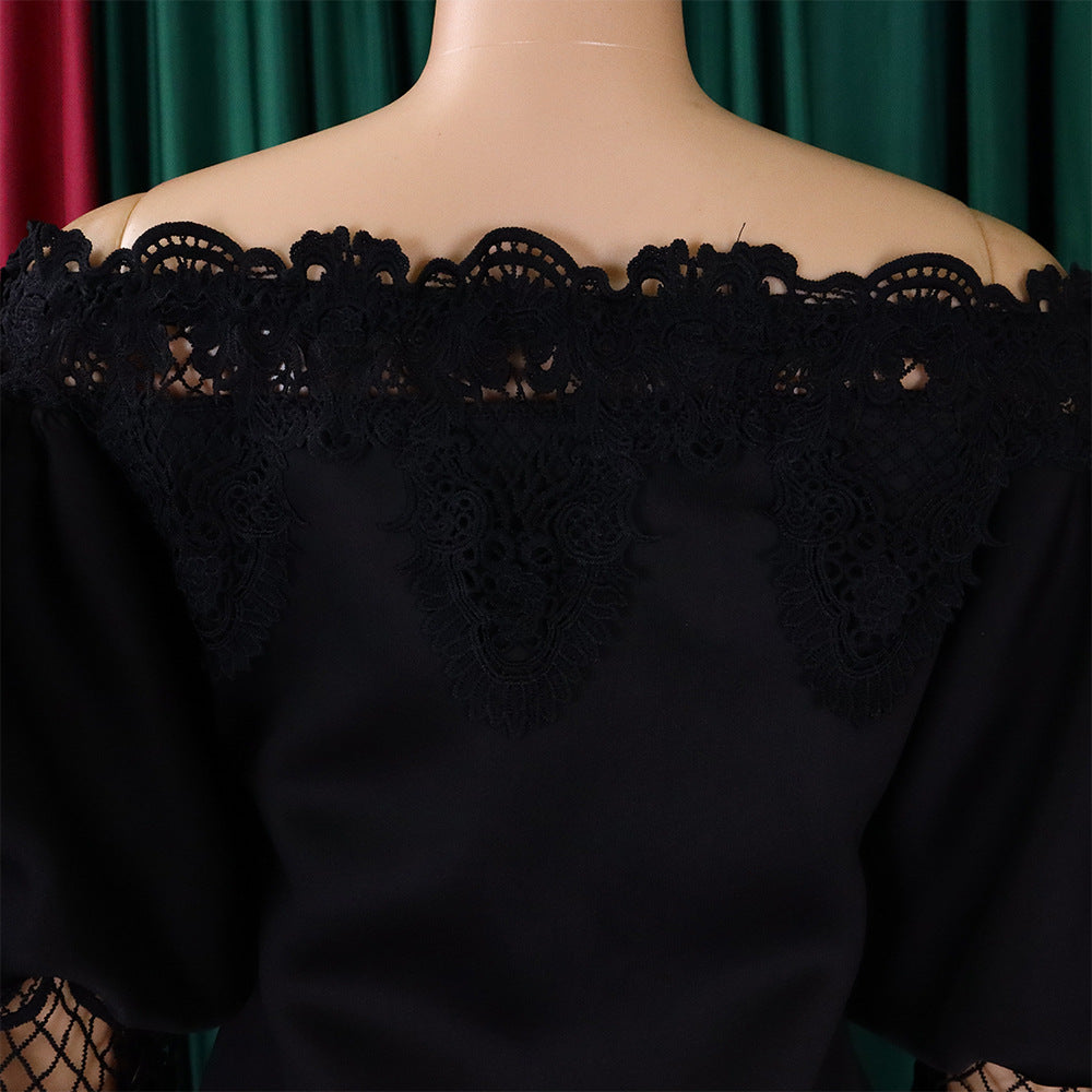 Women Off Shoulder Puff Sleeve Lace Patchwork Formal Party Mermaid Dress 32